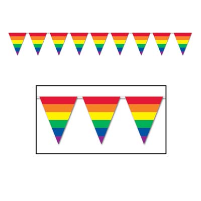 Pennant banner with printed rainbow stripes.