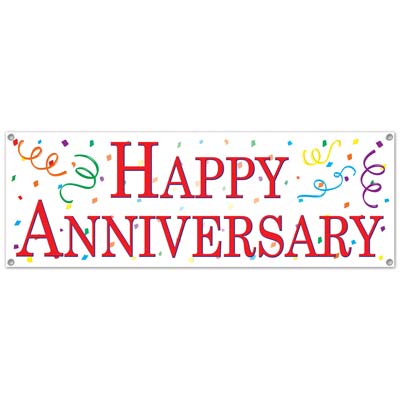 Happy Anniversary banner with multi-colored confetti printed on a white background.