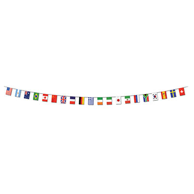 Pennant banner with international flags printed on the pennants.