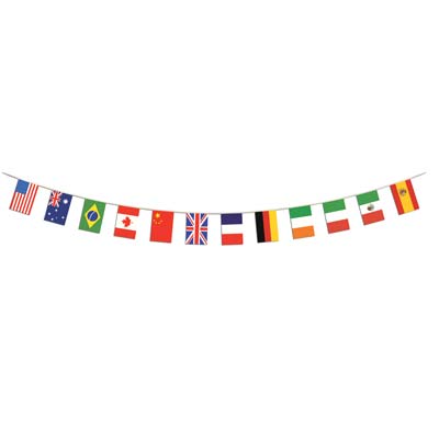 Pennant banner with international flags printed on the pennants.