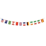 Pennant banner with international flags printed on the pennants.