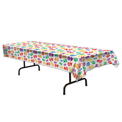 Plastic White Table Cover with Colorful "40" for a Birthday Party