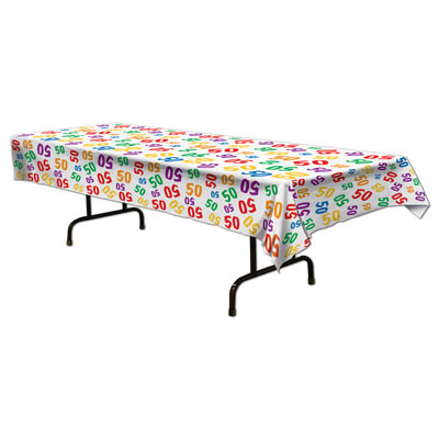 Plastic White Table Cover with Colorful "50" for a Birthday Party