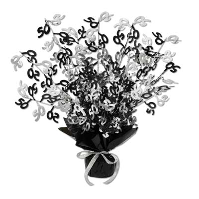 Weighed down black centerpiece with cascading metallic strands and wired "50"