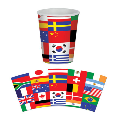 Paper cups printed with international flags from around the world.