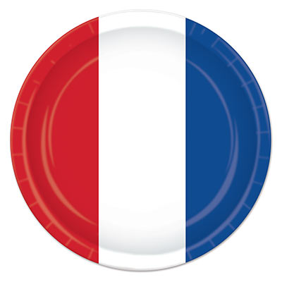 Paper plates printed with a stripe of red, white and blue.