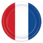 Paper plates printed with a stripe of red, white and blue.