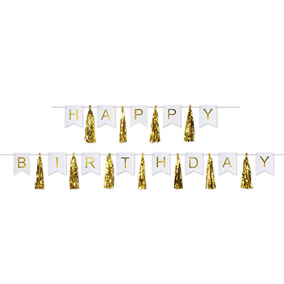 Streamer that says "Happy Birthday" with metallic tassels included between each letter pennant.
