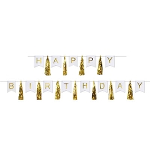 Streamer that says "Happy Birthday" with metallic tassels included between each letter pennant.
