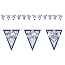 Pennant banner printed with "Retired Now the Fun Begins".