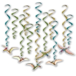 Dinosaur icons attached to assorted colored metallic whirls in colors of gold, green and blue.