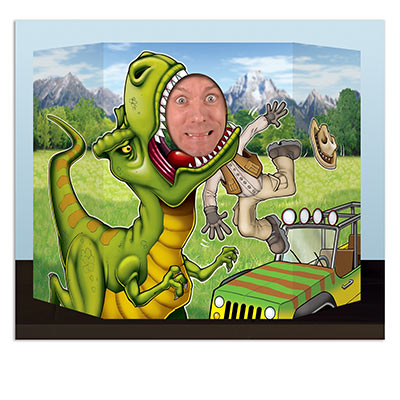 Photo prop printed with a dinosaur including a face hole for your guests to take photos with.