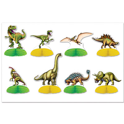 Centerpieces with dinosaur icons attached to tissue material bases.