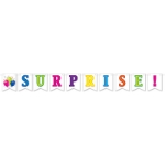 Streamer with multi-colored pennant banners spelling out "Surprise!"