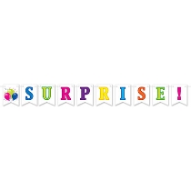 Streamer with multi-colored pennant banners spelling out "Surprise!"