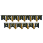 Streamer with pennants that spells out "Forever Young" with metallic gold tassels.