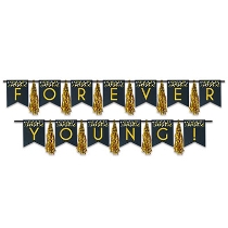 Streamer with pennants that spells out "Forever Young" with metallic gold tassels.