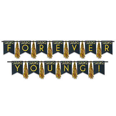 Streamer with pennants that spells out "Forever Young" with metallic gold tassels.