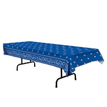 Tablecover printed to replicate a blue bandana.