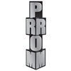 Column with a black background and silver letters spelling "prom".
