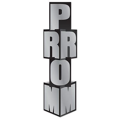 Column with a black background and silver letters spelling "prom".