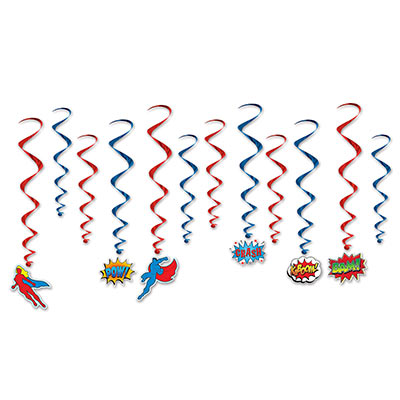 Red and blue metallic whirls with superhero themed icons attached.