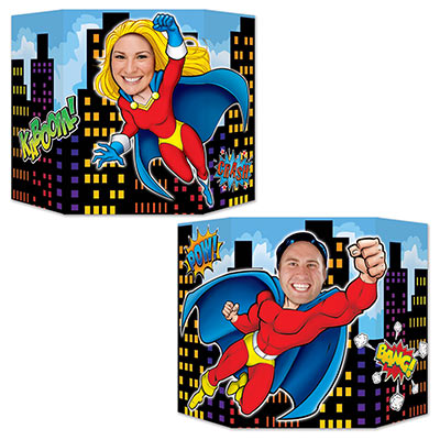 Photo prop that is printed with a male superhero on one side and female on the other.