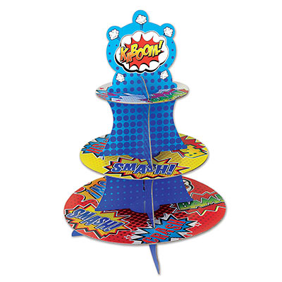 Superhero cupcake stand make with bright colors and card stock material.