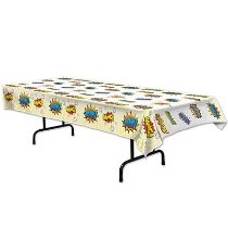Table cover with white background and printed with superhero sayings.