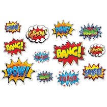 Cutout decorations of superhero sayings.