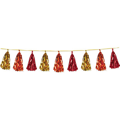 Garland with metallic gold, orange and red tassels attached.