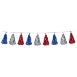 Garland with metallic blue, red and silver tassels attached.