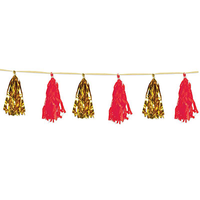 Garland with metallic gold and tissue red tassels attached.