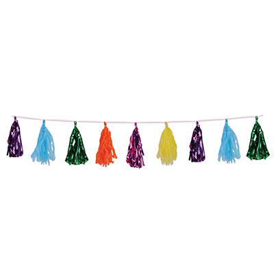 Garland with metallic and tissue assorted color tassels attached.