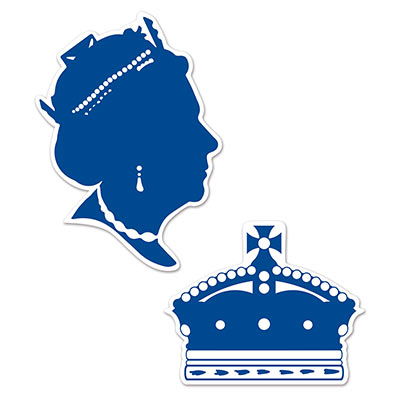 Silhouettes of a queen and crown in blue.