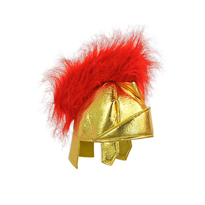 Novelty hat with gold blush material and red fuzzy top to replicate a roman helmet.