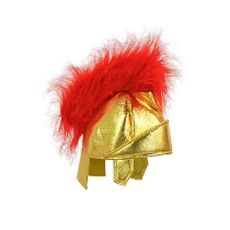 Novelty hat with gold blush material and red fuzzy top to replicate a roman helmet.