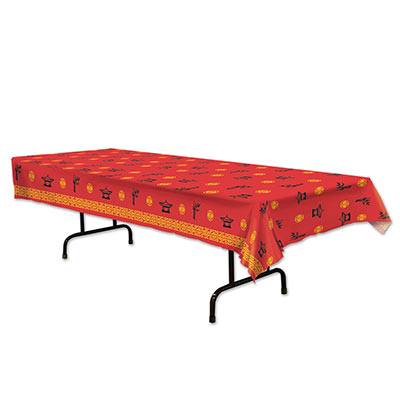 Table cover with a red background including gold and black printed of Asian words and accents.