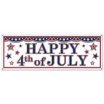 White banner with patriotic designs of bunting, stars and the traditional saying of "Happy 4th of July".