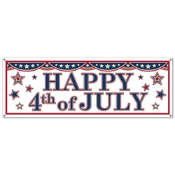 White banner with patriotic designs of bunting, stars and the traditional saying of "Happy 4th of July".
