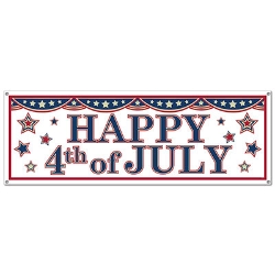 White banner with patriotic designs of bunting, stars and the traditional saying of "Happy 4th of July".