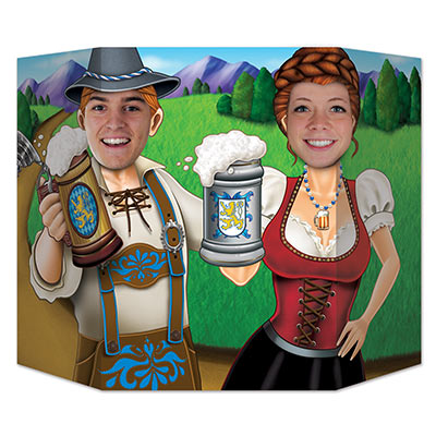Photo prop printed with a male and female holding beer mugs with faces cut out for your guests to enjoy.
