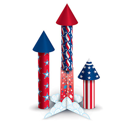 Centerpiece designed to look like fireworks ready for take off in patriotic colors and design.