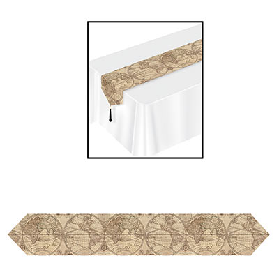 table runner with globes on it in the theme of a world traveler