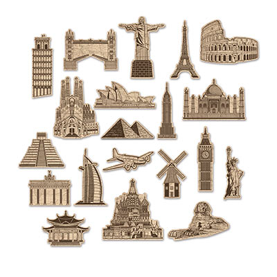 Cutouts from around the world displaying famous places to visit.