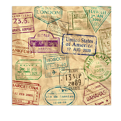 Paper napkins printed with postal stamps from around the world.