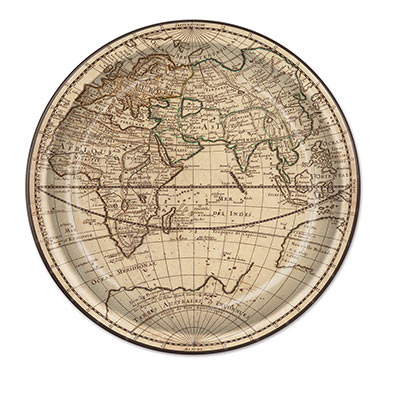 Around the world paper plates that displays images of the globe.