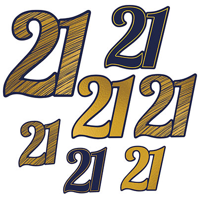 Black and gold "21" cutouts in various sizes and designs.