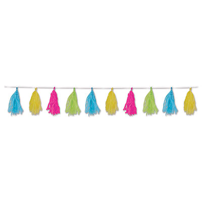 Garland made of tissue material with assorted neon colors.