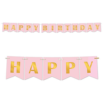 Pink pennant banner that reads "Happy Birthday" in gold.